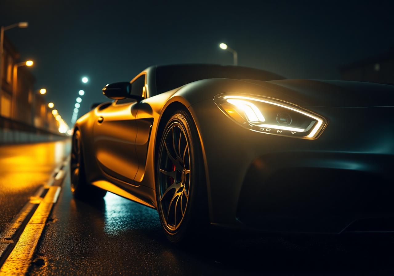 Exotische sportwagen op nat asfalt bij nacht — AMG, RS