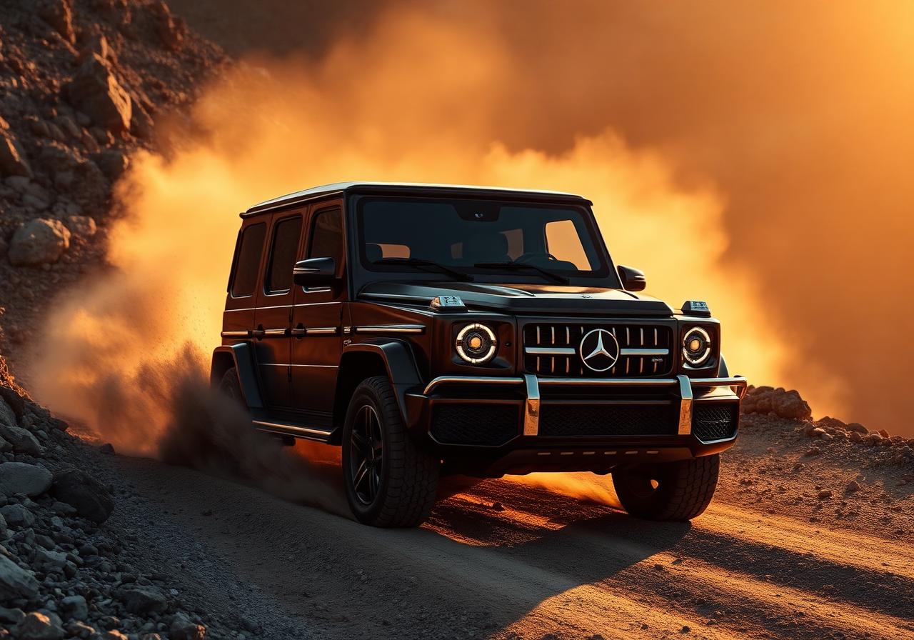 4x4 SUV op bergpad bij gouden uur — Defender, G-Klasse, X-Klasse, Wrangler
