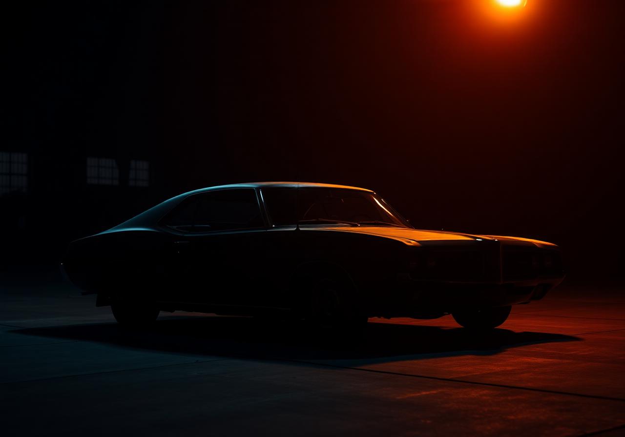 Klassieke oldtimer coupé in donkere loods met amber licht