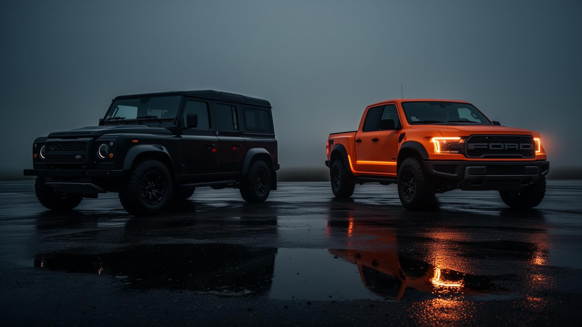 Donkere pick-up en 4x4 op nat asfalt